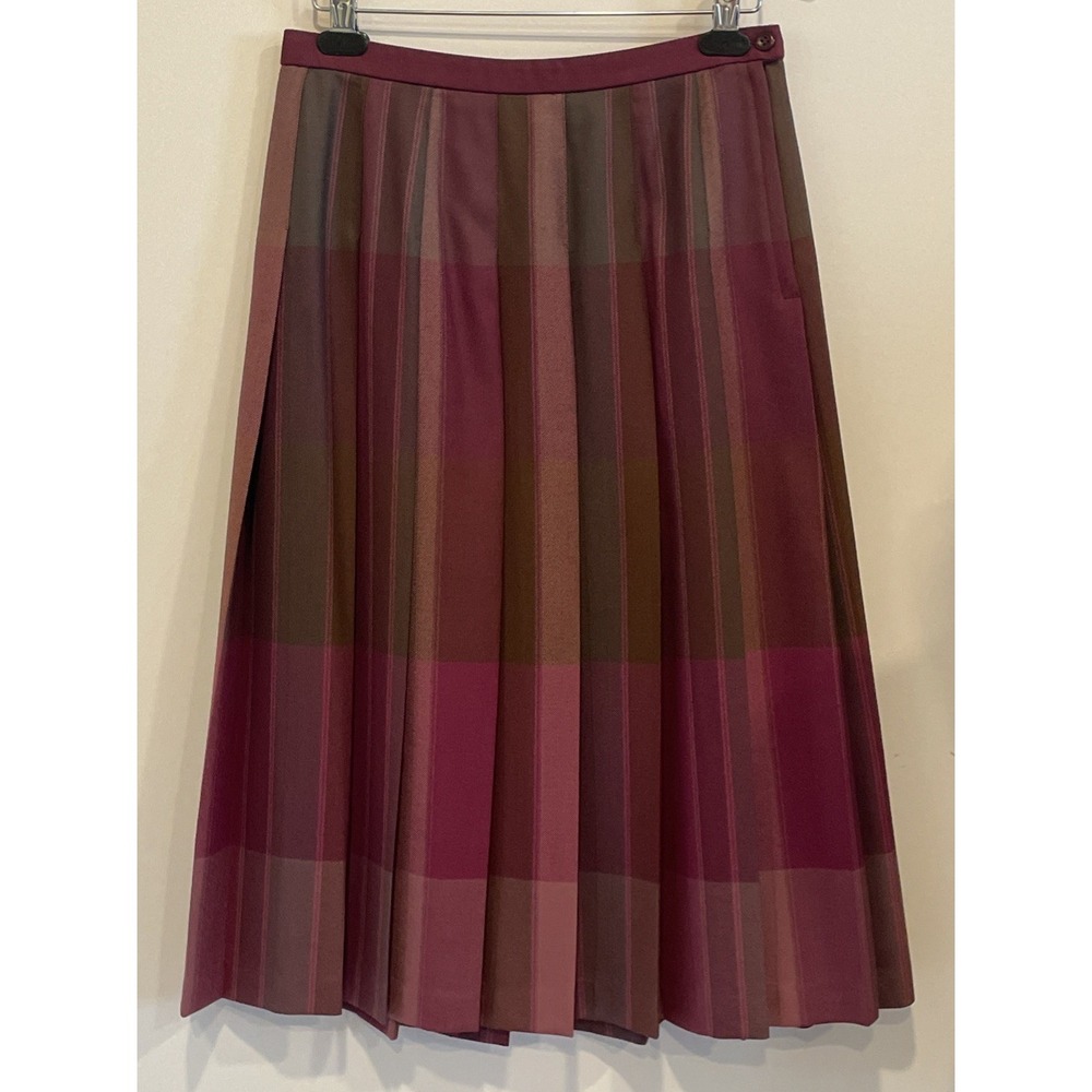 Vtg 90's Pendleton Plaid Wool Midi Skirt Size 12P Pleated Pink Purple Green VGPC